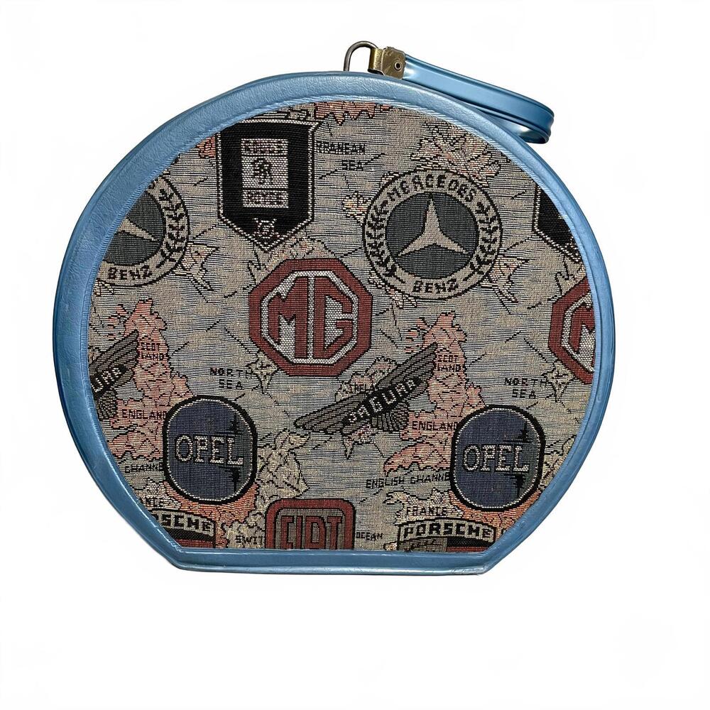 60's Vintage Baby Blue Hat Box Automotive Themed